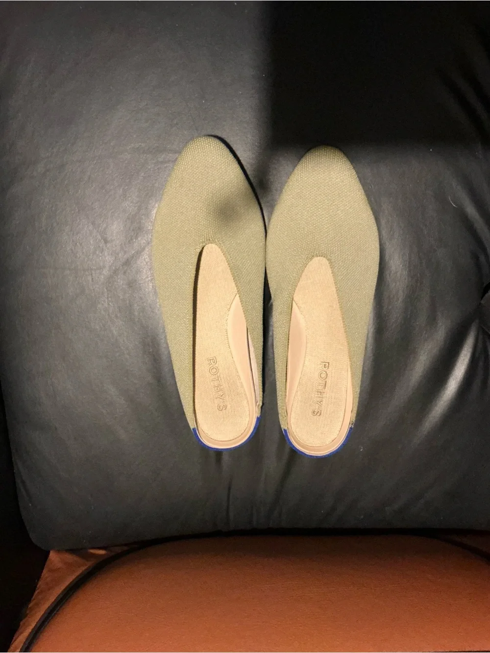 Rothy's Olive Knit Slip-On Flats with Blue Heel Trim